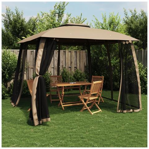 Gazebo Con Tetto Doppio/pareti Rete Tortora 2,93x2,93 M Acciaio - Foto 1