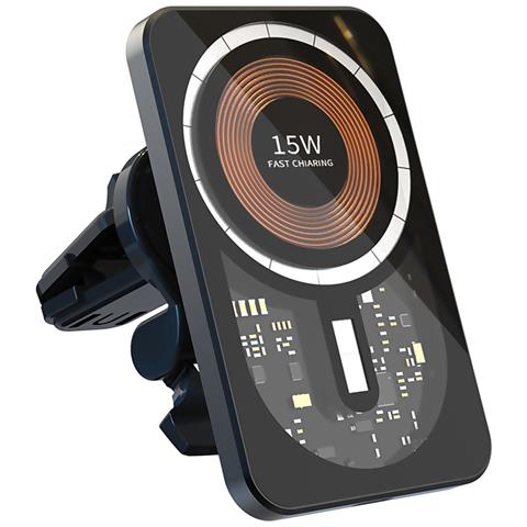 Caricabatteria Da Auto Wireless Magsafe, Con Clip Per Presa D'aria, 15w. Con Luce Ambientale A Led. 9,25x5,9x2,6 Cm. Colore Nero - Foto 1