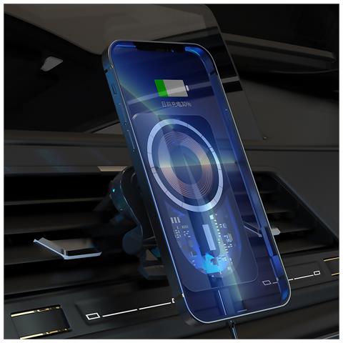 Caricabatteria Da Auto Wireless Magsafe, Con Clip Per Presa D'aria, 15w. Con Luce Ambientale A Led. 9,25x5,9x2,6 Cm. Colore Nero - Foto 6