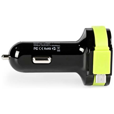 Caricabatterie Da Auto 3 Uscite Usb 6a Con Cavo Piatto 26cm, Nero - Foto 1