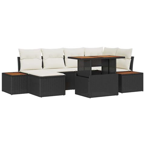 Set da Pranzo da Giardino in 7 Pezzi con Cuscini in Polyrattan Nero e Acacia - Foto 1