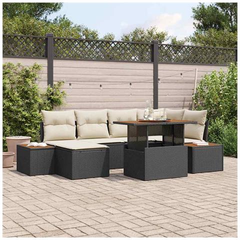 Set da Pranzo da Giardino in 7 Pezzi con Cuscini in Polyrattan Nero e Acacia - Foto 2