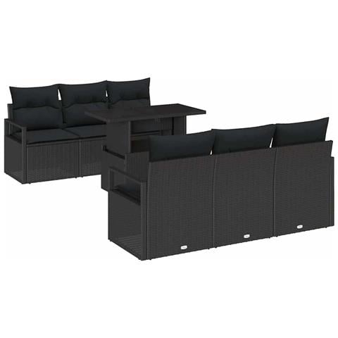 Set Divani Giardino  7 Pezzi con Cuscini Rattan Polikarbonato Nero, Divano Giardino  2 Posti con Spazio Stoccaggio & Cuscini Rattan Polikarbonato Nero - Foto 1