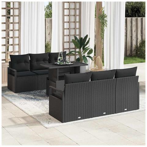 Set Divani Giardino  7 Pezzi con Cuscini Rattan Polikarbonato Nero, Divano Giardino  2 Posti con Spazio Stoccaggio & Cuscini Rattan Polikarbonato Nero - Foto 2