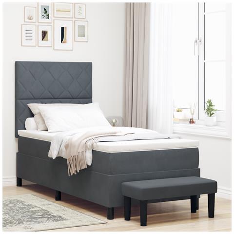 Letto con Rete a Molle con Materasso e Panca Grigio Scuro 100x200 cm Velluto - Foto 2