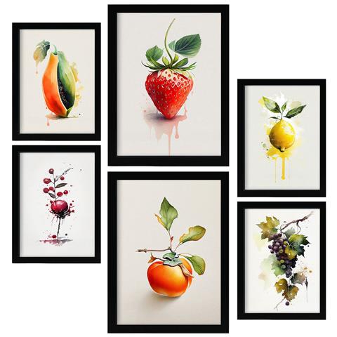 Set Di 6 Stampe Poster Di Frutta, Verdura E Cibi Sani Vivaci In Acquerello Su Bianco Puro A3 & A4 Cornice Nera - Foto 1