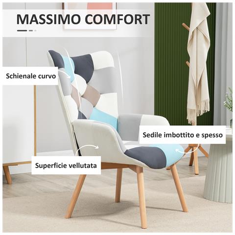 Poltroncina Da Camera In Velluto Trapuntato E Gambe In Legno, 66x76x98cm, Multicolore - Foto 2