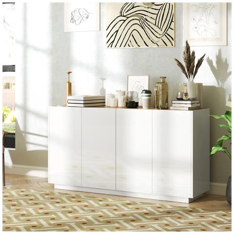 Credenza Moderna con Armadietti a 2 Ante, Chiusura Ammortizzata e Ripiani Regolabili, 140x40x75cm, Bianco Lucido - Foto 2