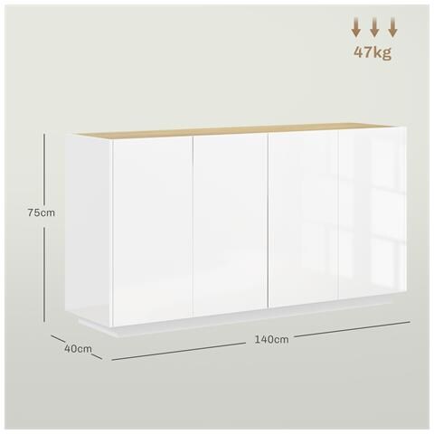 Credenza Moderna con Armadietti a 2 Ante, Chiusura Ammortizzata e Ripiani Regolabili, 140x40x75cm, Bianco Lucido - Foto 6