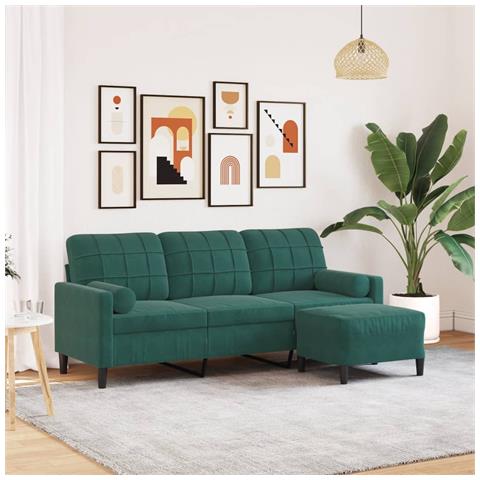 Divano A 3 Posti Con Poggiapiedi Verde Scuro 180 Cm In Velluto - Foto 1