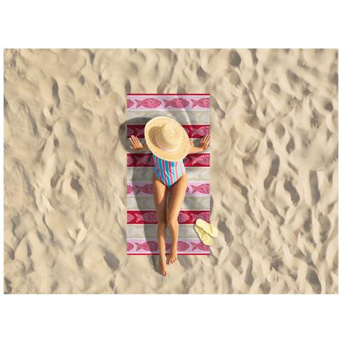 Telo Mare Jacquard Spugna Asciugamano Spiaggia Disegno Fish Pois Telo Mare Beige-fucsia - Foto 2
