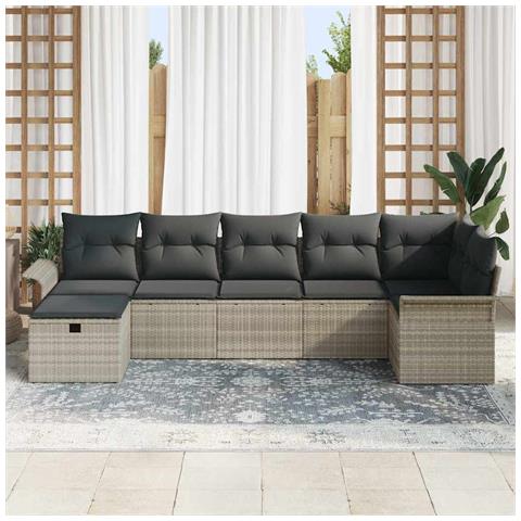 Set di divani da giardino a 7 pezzi con cuscini grigio chiaro in polyrattan - Foto 1