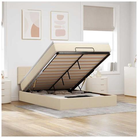 Pouf Letto con Materasso e LED Crema 140x200 cm in Tessuto - Foto 2
