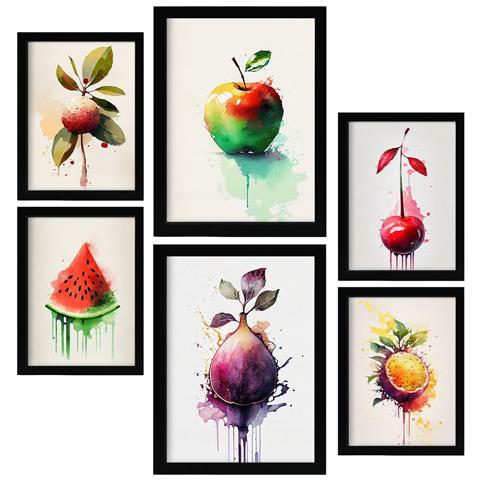 Set Di 6 Stampe Poster Di Frutta, Verdura E Cibi Sani Con Colori Ad Acquerello Su Bianco Puro A3 & A4 Cornice Nera - Foto 1