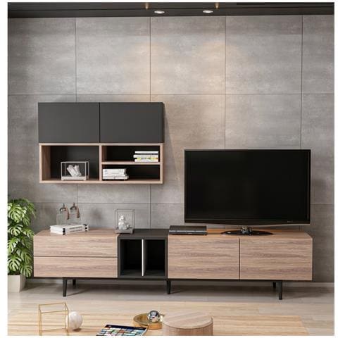 Mobile Porta Tv Diany Moderno Componibile, Libreria - Con Ante, Ripiani, Mensole - Da Salotto - Nero In Legno, 195 X 37 X 45 Cm - Foto 2