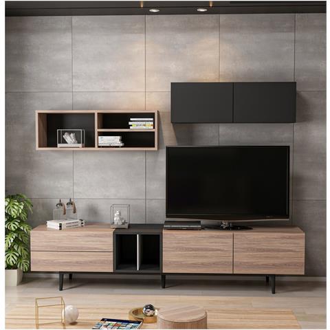 Mobile Porta Tv Diany Moderno Componibile, Libreria - Con Ante, Ripiani, Mensole - Da Salotto - Nero In Legno, 195 X 37 X 45 Cm - Foto 3