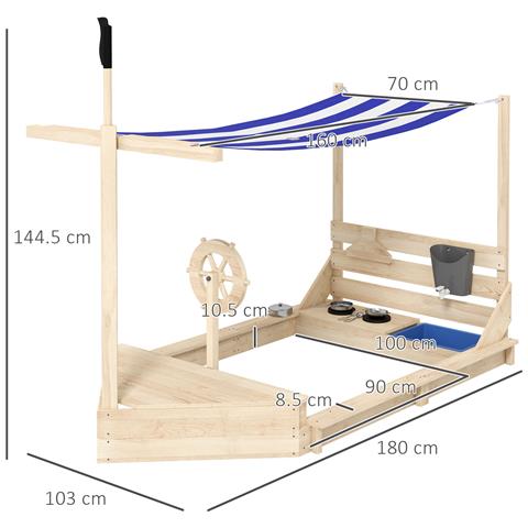 Sabbiera Per Bambini 3-7 Anni Con Tettuccio E Set Da Cucina, In Legno Di Abete, 180x103x144.5 Cm - Foto 2
