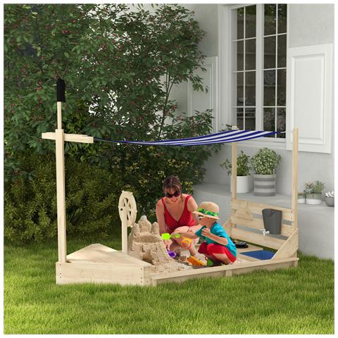 Sabbiera Per Bambini 3-7 Anni Con Tettuccio E Set Da Cucina, In Legno Di Abete, 180x103x144.5 Cm - Foto 6