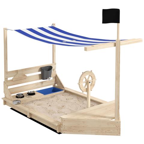 Sabbiera Per Bambini 3-7 Anni Con Tettuccio E Set Da Cucina, In Legno Di Abete, 180x103x144.5 Cm - Foto 1