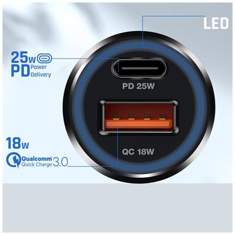 Caricabatterie Auto Usb-c 25w + Usb 18w + Cavo Usb-c Compatto, Nero - Foto 2