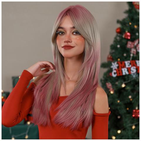 Parrucca Natalizia Lunga Con Capelli Lisci Naturali E Frangia - Foto 2