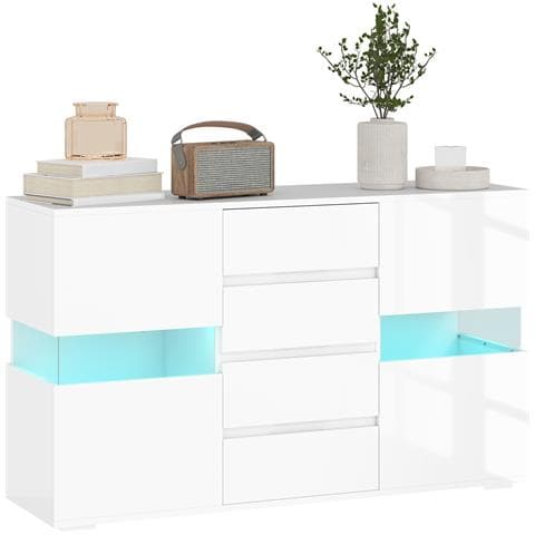 Credenza Moderna HOMCOM Con Luci LED - 120x34x70 Cm, 4 Cassetti E 2 Ante, Bianco, Con Telecomando - Foto 5