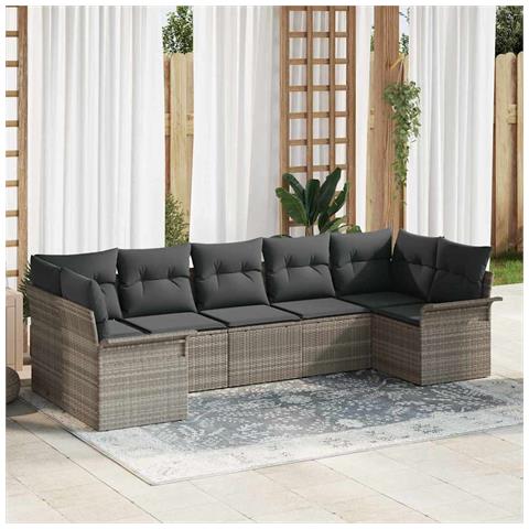 Set di Divani da Giardino a 7 Pezzi con Cuscini Grigio Chiaro in Polyrattan - Foto 2