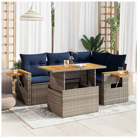 Set Divano Giardino 5 pz con Cuscini Grigio Polyrattan Acacia - Foto 2