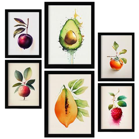 Set Di 6 Stampe Poster Di Frutta Rinfrescante, Verdura E Cibo Sano In Acquerello Su Bianco Puro A3 & A4 Cornice Nera - Foto 1