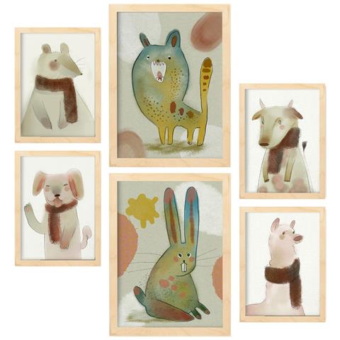 Set Di 6 Stampe Coniglietti E Cuccioli 1 In Animali Astratti Dipinti Decorativi Estetici Per Il Tuo Soggiorno Di Casa A3 & A4 Telaio In Legno Chiaro - Foto 1