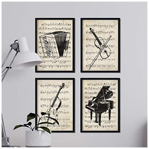 Set Di 4 Stampe Sfondo Con Pentagramma Musicale Raffigurazione In Primo Piano Di Strumenti Musicali Pianoforte Violino Violoncello Cornice Nera A4 - Foto 1