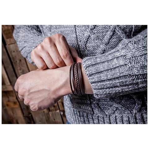 Braccialetto in Pelle Genuina Maschile, ""Braid"", 19cm, Marrone - Foto 2