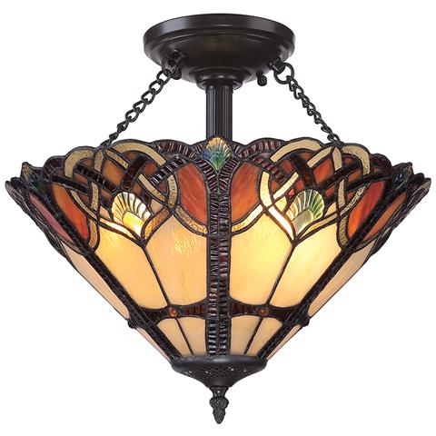 Plafoniera Semi-filo A 2 Luci Vintage Bronzo, Vetro Tiffany, Attacco E27 - Foto 2
