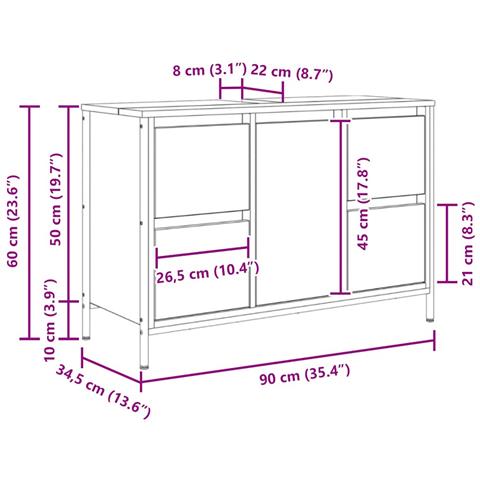 Mobile Lavabo con Cassetti Grigio Sonoma 90x34,5x60 cm - Foto 2