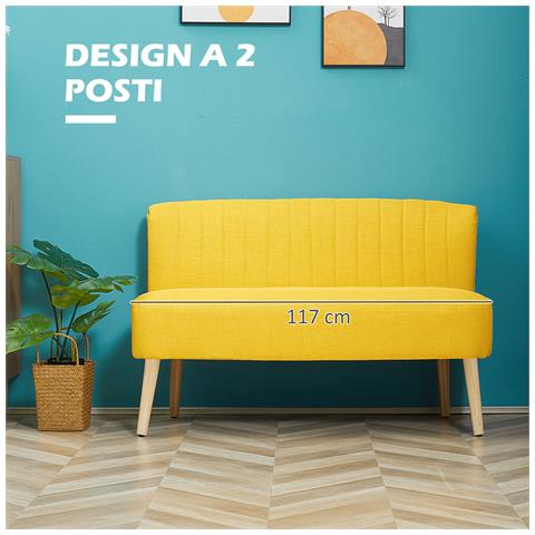 Divano 2 Posti Moderno in Tessuto Senza Braccioli con Gambe in Legno, 117x56.5x77 cm, Giallo - Foto 6