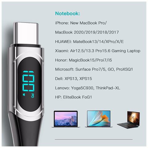 Cavo Dati Blu Con Display Digitale 100w 1 Metro, Compatibile Con Huawei Notebook E Altri Dispositivi Type-c, Ricarica Rapida Pd 5a Blue 1m - Foto 1