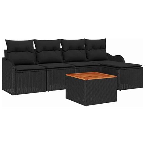 Set Divano da Giardino di 6 Pezzi con Cuscini Nero Polyrattan Acacia, Divano da Giardino di 2 Posti con Cuscini Nero Polyrattan - Foto 1