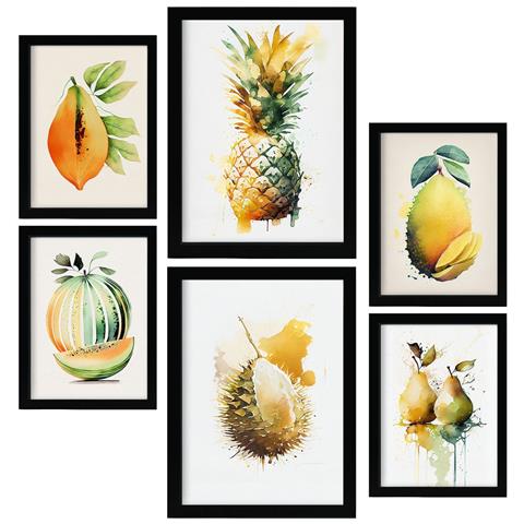 Set Di 6 Stampe Poster Di Frutta Tropicale, Verdura E Cibi Sani In Acquerello Su Bianco Puro A3 & A4 Cornice Nera - Foto 1