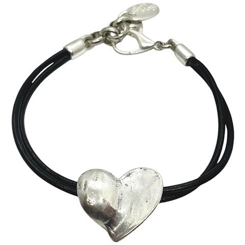 Bracciale A Cuore In Pelle Nera, Placcato Argento - Foto 1