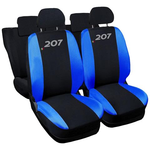 Coprisedili Auto Compatibili Per 207, Made In Italy, Set Di Copri Sedili Anteriori E Posteriori Con Copri Poggiatesta Incluso, Tessuto Poliestere, Colore - Nero \blu Royal - Foto 1