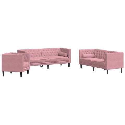 Set Divani Chesterfield 3pz Con Cuscini Rosa Velluto - Foto 2