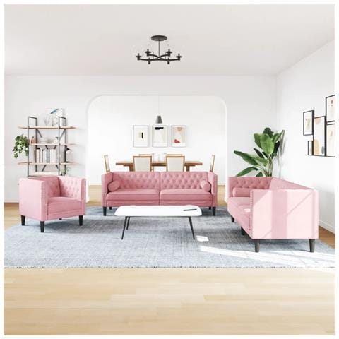 Set Divani Chesterfield 3pz Con Cuscini Rosa Velluto - Foto 3