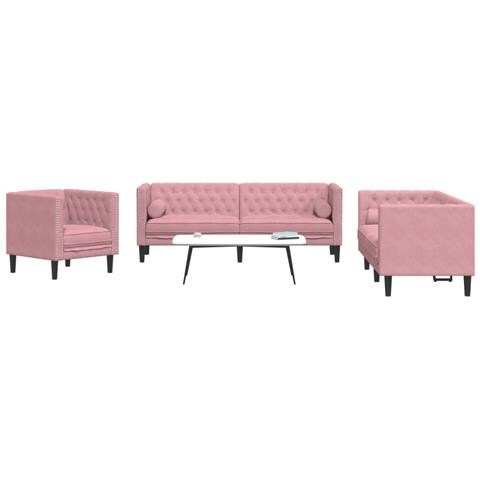 Set Divani Chesterfield 3pz Con Cuscini Rosa Velluto - Foto 1