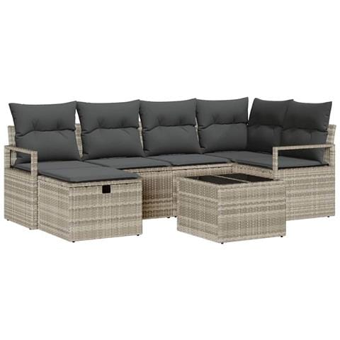 Set di divani da giardino a 7 pezzi con cuscini Grigio chiaro Polyrattan, Divano da giardino a 2 posti con storage e cuscini Grigio Polyrattan - Foto 1