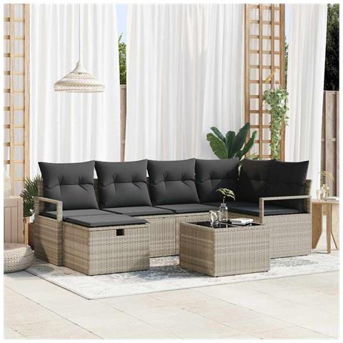 Set di divani da giardino a 7 pezzi con cuscini Grigio chiaro Polyrattan, Divano da giardino a 2 posti con storage e cuscini Grigio Polyrattan - Foto 2