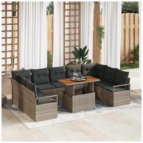 Set Divano da Giardino  in 10 Pezzi con Cuscini Grigio Polyrattan Legno di Acacia, Divano da Giardino  per 2 Persone con Cuscini Grigio Polyrattan - Foto 2
