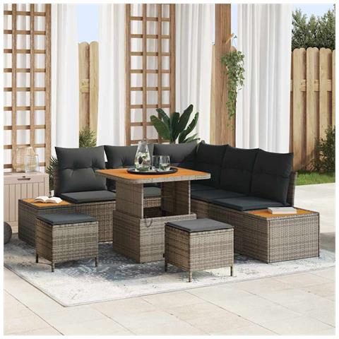 Set Divano Giardino 8 Pezzi con Cuscini Grigio Polyrattan Acacia, Set Da Pranzo Giardino 3 Pezzi con Cuscini Grigio Polyrattan Acacia - Foto 2