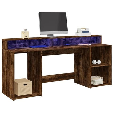 Scrivania con Luci LED Rovere Fumo 200x55x91 cm in Truciolato - Foto 2