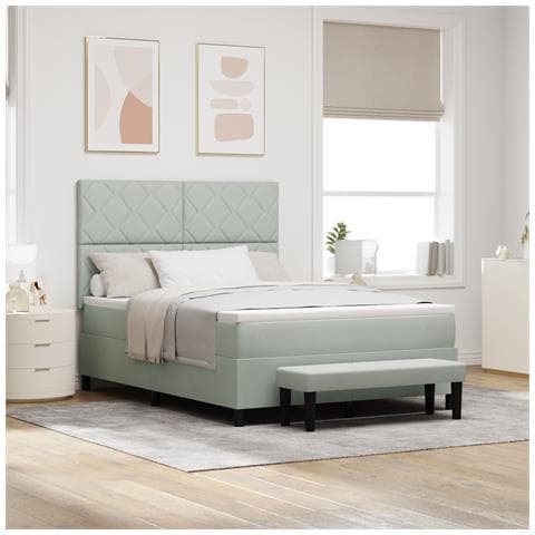 Letto con Rete a Molle con Materasso e Panchina Grigio Chiaro 160x200 cm Velluto - Foto 2