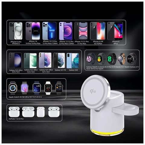 Caricatore Wireless Magnetico Pieghevole 3-in-1: Stazione Di Ricarica Rapida Qi2 Da 15w Per Smartphone, Orologi E Auricolari White - Foto 2